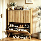 Fluted Shoe Cabinet Storage with 2 Flip Drawers, Wood Narrow Hidden Shoe Organizer with Adjustable Shelf for Entryway, Freestanding Slim Shoe Rack for Hallway Living Room, Saving Space, Oak - Image 6