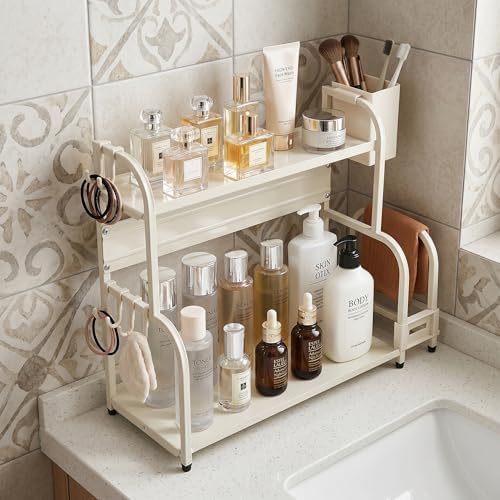 2 Tier Bathroom Counter Organizer, Narrow Space Saving Metal Shelf with Hooks and Side Basket, Multifunctional Vanity Tray Rack for Makeup, Skincare, Spice and Kitchen Storage, White - Image 4