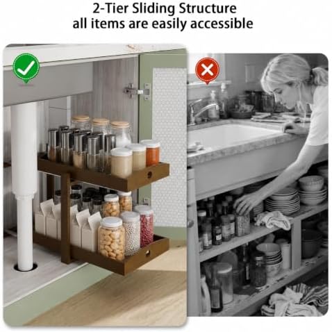 Bamboo Under Sink Organizer 2 Tier Pull Out Cabinet Storage Drawer - Image 6
