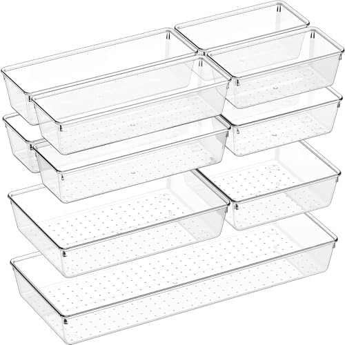 Criusia 11 PCS Clear Plastic Drawer Organizer Set - 5 Large Size Versatile Kitchen and Bathroom Organizer Trays, Non-Slip Storage Bins for Makeup, Utensils, Tool and Office Desk by Criusia