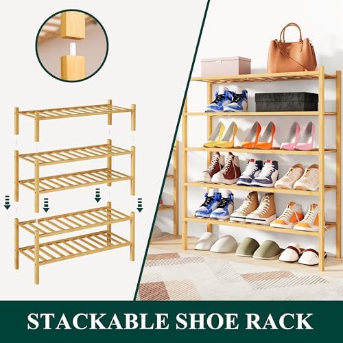 Smiry Shoe Rack, 3 Tier Bamboo Shoe Organizer, Stackable Free Standing Wooden Shoe Storage Shelf for Closet, Entryway, Front Door Entrance, Natural (Pack of 2) - Image 4