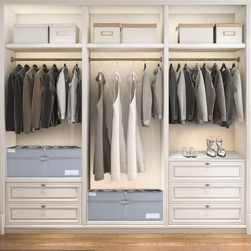 LUVHOMEE Shoe Organizer for Closet, Fits 24 Pairs, Large Shoe Box Storage Containers, Clear Foldable Shoe Storage Bins w/Bottom Support, Space Saving Closet Shoes Holder w/Reinforced Handles, Gray - Image 2