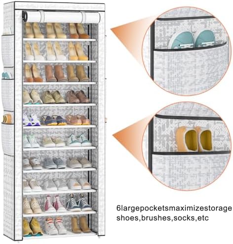 OYREL Shoe Rack Dustproof Sturdy 10Tier Tall Large Storage with Side Pocket - Image 5