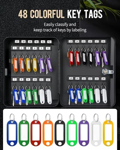 Uniclife 48-Key Steel Key Cabinet with 2 Unlocking Keys Wall Mounted Key Organizer Black Frosted Security Box with Hooks and Key Tag Labels Identifiers in 9 Assorted Colors - Image 6