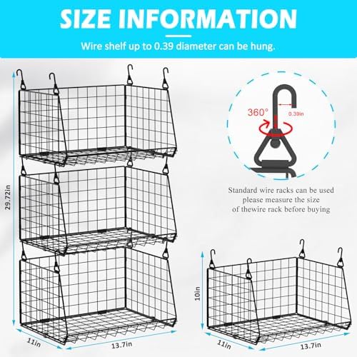 3-Pack Hanging Laundry Room Organizaton：Foldable Laundry Basket Wire Basket with 360°Rotating Hooks Small Space Organization Over Washer and Dryer Shelves - Hanging Closet Organizer, Black Patent - Image 6