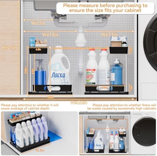 Yieach 2 Pack 10.8″ High Pull Out Under Sink Organizer,14.5″ Deep 2 Tier Slide Out Cabinet Organizer for Kitchen Cabinet,Undersink Organizers,Under Sink Shelves,Bathroom Organizers and Storage,Black - Image 4