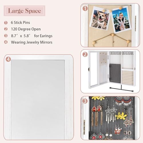 Keebofly Wall Jewelry Organizer Cabinet with Mirror,Rustic Wood Storage for Necklaces, Earrings, Bracelets & Rings, Large-Capacity Hanging Cabinet – White - Image 4