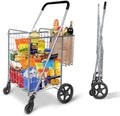 Whitmor Utility Folding Shopping Cart, 115L Heavy Duty Grocery Cart with Double Basket, 360° Swivel Wheels, Foldable Rolling Utility Trolley, 110 Lbs Capacity for Grocery, Laundry, Travel, Sliver by Whitmor