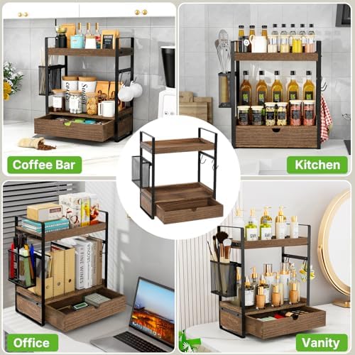 2-Tier Bathroom Counter Organizer with Drawer Basket and Hooks, Wood Bathroom Organizers and Storage for countertop, Farmhouse Dark Brown Countertop Organizer, Counter Shelf for Vanity Kitchen Office - Image 6