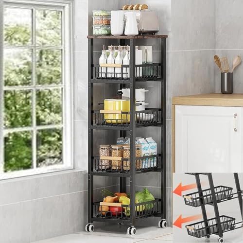 Metal Wire Baskets with Wheels, Stackable Storage Bins Kitchen Organizer Shelf, Multi Layer Fruit Vegetable Cart Dishes Seasonal Rack Freestanding with Pull Out Slide Drawer by KOLENSA