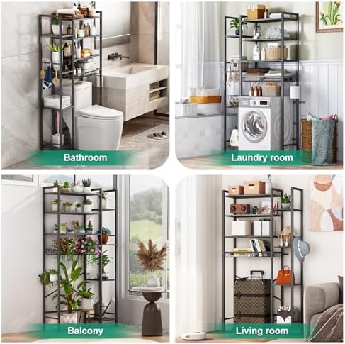 Kalrin 8-Tier Over The Toilet Storage with Side Rack, Over Toilet Storage Rack with Adjustable Shelf & Drain Basket, Freestanding Bathroom Organizer for Balcony, Laundry (Modern Grey) - Image 6