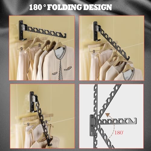 Dr.DJ Wall Mount Coat Hanger Holder Black Clothes Drying Organizer Rack Garment Hooks Aluminium Retractable Folding Indoor Wall Mounted Hanger Space Saver for Laundry Room Bedroom Black 2Pack - Image 2