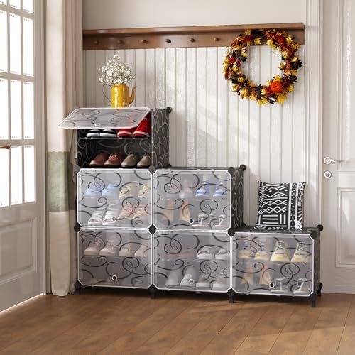 AWTATOS 6 Tier Shoe Rack Organizer, Shoe Storage Cabinet with Door, Black - Image 4