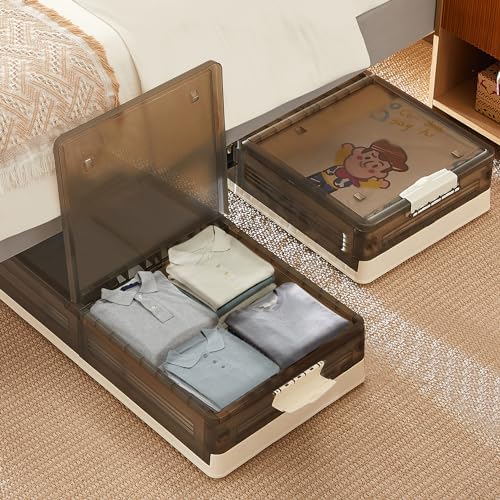 VECELO Under Bed Storage with Wheels, 2 Pack Stackable Under Bed Storage Containers, Underbed Storage Containers with Lids, Plastic Foldable Folding Box for Clothes Shoes, Grey by VECELO