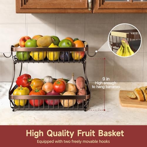 Sevenblue 2-Tier Fruit Basket with Banana Hangers, Detachable Metal Bowl - Image 2