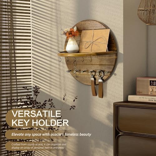 Rebee Vision Acacia Wood Round Key Holder Wall Mount for Home Decor, Brown - Image 3