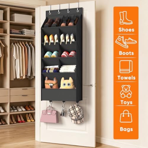 5 Tier Over the Door Shoe Organizer with 3 Bottom Hooks, Beige - Image 3
