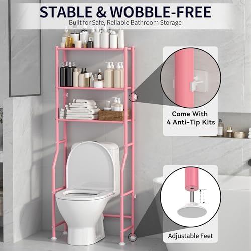 3-Tier Over Toilet Storage, Anti-Tip, 64" H, Pink - Image 5