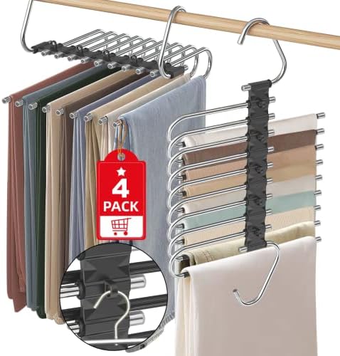 9 Layers Pants Hangers Space Saving Non-Slip Closet Organizer 4 Pack | Metal Space Saving Hangers Multi-Layer Multifunctional Rack Closet Organizers and Storage for Skirts Jeans Trousers(Black) by Besslly