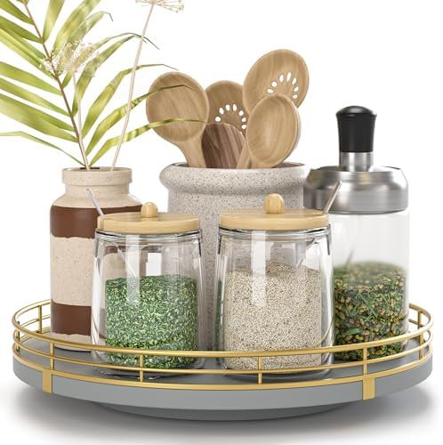 Oroyutor 9-Inch Gray Lazy Susan Spice Organizer for Cabinet with Gold Rail by Oroyutor