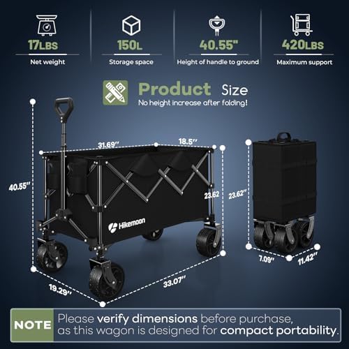 HIKEMOON 150L Collapsible Wagon Compact with Big Wheels, 420LBS Black - Image 3