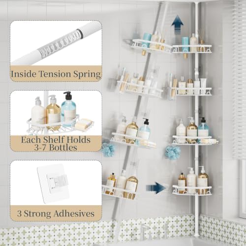 Consumest Shower Caddy Tension Pole - 4 Tier Corner Shower Shelves with Brush & Soap Holder, 304 Stainless Steel Rustproof Adjustable Organizer Rack for Bathtub, Bathroom, 27.6-108.3 Inch, White - Image 5