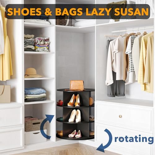 SpaceAid 3 Tier Rotating Shoe Rack Tower, Spinning Shoe Display Lazy Susan, Revolving 360 Shoe Rack Storage Round Carousel, Vertical Handbag Rotate Shoes Closet Organization (3-Tier Black) - Image 4