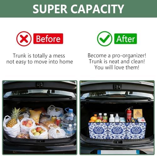 Trunk Organizer Collapsible Car Organizer with Handle Car Storage Box Bin for Groceries SUV Utility Tote Bag Portable Vehicle Container Blue and White Flowers Tile - Image 4