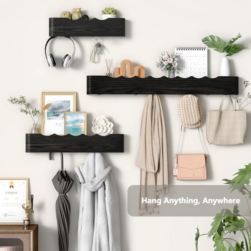 Wall Mounted Coat Rack with Shelf, Wooden Entryway Organizer with Hidden Metal Hooks for Hanging Coats Bags Keys, Modern Floating Shelf for Hallway Bathroom - Image 4