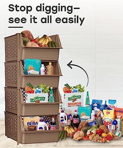 TidyFriend Plastic Stackable Storage Bins for Pantry, 4 Pack Stackable Bins For Organizing Food, Kitchen, and Bathroom Essentials (Brown) - Image 6
