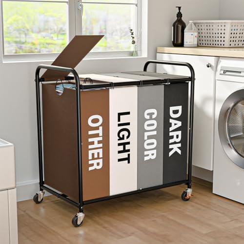 Laundry Sorter 4 Sections 48 Gal, Rolling Laundry Basket with Wheels ＆ Lid by OLLDIDE