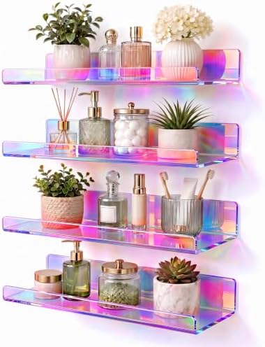 Iridescent Acrylic Bathroom Shelf Wall Mounted Floating Organizer by CareMoreYJ