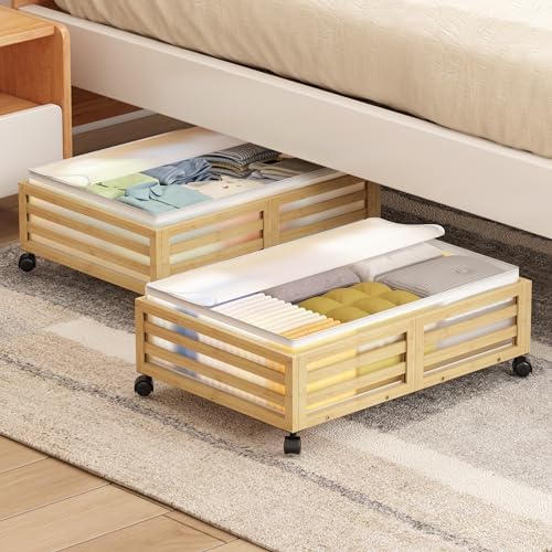 Under Bed Storage with Wheels-Large Bamboo Underbed storage Containers with Large Dust Bag Stackable Under the Bed Shoe Storage Bins for Clothes Books Bedding (2 Packs Nature, 23.62"L×16.54"W× 6.51"H) - Image 2