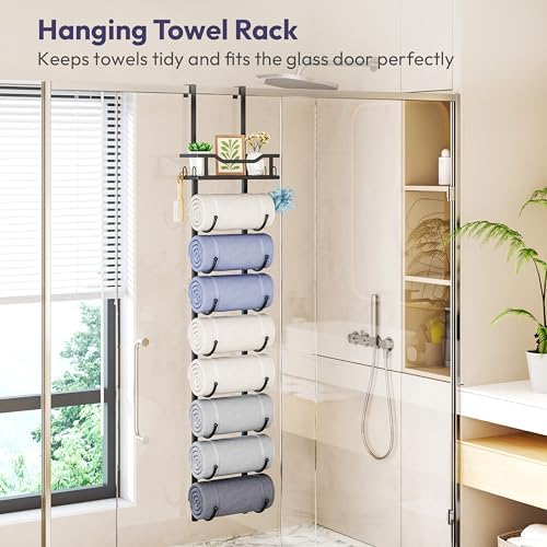 SWTYMIKI Over the Door Towel Rack - 9 Tier Towel Racks for Bathroom Wall Mounted, Towel Holder with Shelf, Hanging Rolled Towel Storage Organizer for Small Bathroom, Camper, RV, Black - Image 3