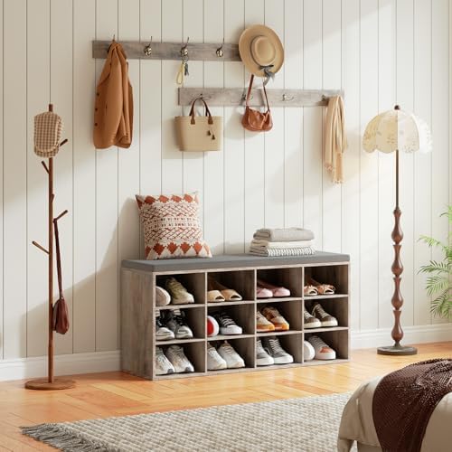 HOOBRO Shoe Storage Bench with Cushion, 39.4" L Entryway Bench with 12 Cubbies, Entryway Hall Tree with Storage, Shoe Cabinet with Coat Rack for Bedroom, Hallway, Holds up to 330 lb, Gray GY112HX01 - Image 4