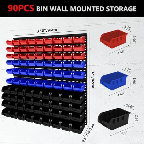 90Pcs Plastic Wall Mounted Storage Bins Parts Rack Nuts And Bolt Bins Organizer For Shop Garage for Screws, Nuts, Bolts, Nails, Beads, and Small Hardware Parts,Red,Blue,Black - Image 2