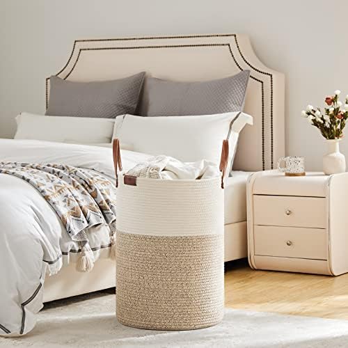 VIPOSCO 72L Tall Woven Rope Laundry Hamper, Leather Handles, White & Brown - Image 4