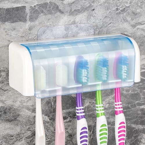 5 Slots Wall Mount Toothbrush Holder with Cover, Self Adhesive Toothbrush Storage Organizer for Shower, Toothbrush Hanger for Bathroom, Medicine Cabinet, Dorm(White + Blue) by LUEXBOX