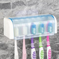 5 Slots Wall Mount Toothbrush Holder with Cover, Self Adhesive Toothbrush Storage Organizer for Shower, Toothbrush Hanger for Bathroom, Medicine Cabinet, Dorm(White + Blue) by LUEXBOX
