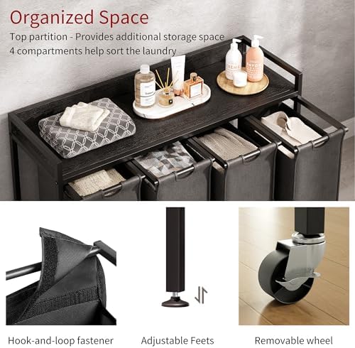 Herture Laundry Hamper with Shelf, Laundry Basket 4 Section, Laundry Sorter with Pull-Out Removable Large Bags and Movable Wheels, Metal Frame, 4 x 15.87 Gallons (60L), Black and Gray PF07XLB - Image 3