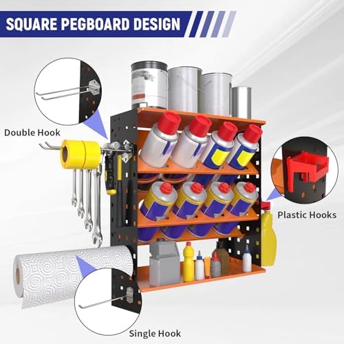 Wall Mount Spray Can Holder, Aerosol Spray Bottle Holder Storage Rack, Heavy-Duty Paint Bottle Organizer with 8 Can Holes & 4 Steel Hooks, 4 Plastic Hooks for Garage, Shop, Home or Tool Trailer - Image 5