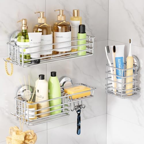 LEVERLOC Shower Caddy Suction Cup, 3 Pack Bathroom Organizer with Hooks by LEVERLOC