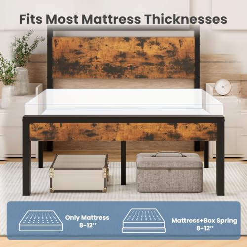 Sweetcrispy Full 14 Inch Bed Frame with Wood Headboard, Rustic Brown - Image 6