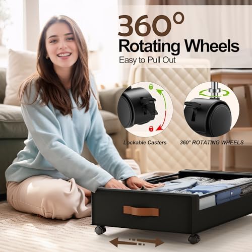 LAMU Under Bed Storage with Wheels, 2Pack Underbed Storage Containers,Black | Smooth-rolling Wheels, Clear Lid & Label, Sturdy Metal Frame, Easy Install, Rolling Storage Drawers for Clothes, Shoes, Toys - Image 3