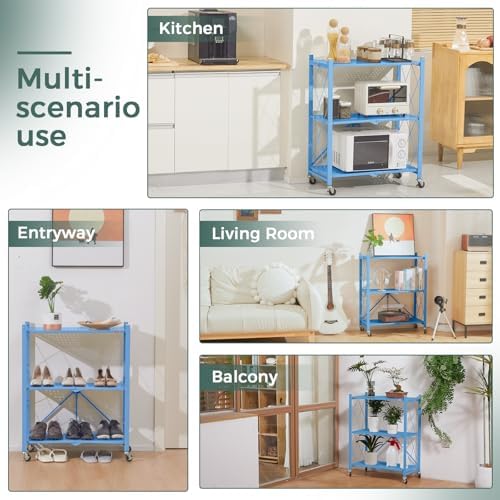 DEANIC 3 Tier Foldable Storage Shelves with Wheels, Kitchen Appliance Stand, Freestanding Metal Wire Shelf Rack, No Assembly Organizer Rolling Cart for Garage, Basement, Pantry(Blue) - Image 4