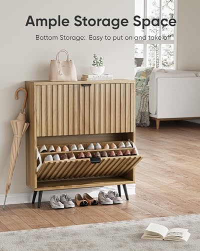 Shoe Storage Cabinet, Fluted Shoe Cabinet Storage for Entryway, Hidden Shoe Cabinet with Metal Legs,Shoe Organizer Cabinet with Flip Doors, Slim Entryway Shoe Storage Cabinet, Natural Wood-31.5in - Image 3