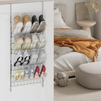 SWTYMIKI Over the Door Shoe Organizer - Adjustable 4 Tier Hanging Shoe Rack Organizer, Metal Heavy Duty Behind Door Storage or Wall Mount Shoes Shelf for Flats, Heels, Sneakers, Boots, Silver - Image 2