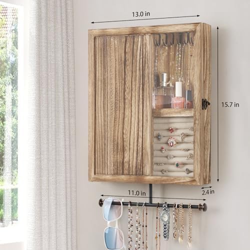 Keebofly Wall Mounted Jewelry Organizer Box Rustic Wood Large Space Jewelry Cabinet Holder Jewelry Storage Box for Necklaces, Earrings, Bracelets, Ring Holder, and Accessories (Carbonized Black) - Image 6