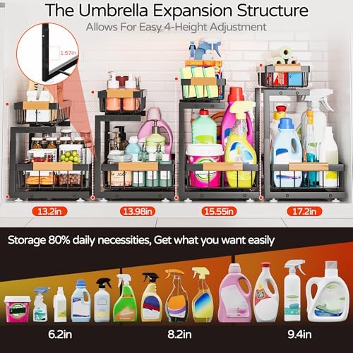 ADBIU Under Sink Organizer, 2 Pack 2 Tier Expandable Height (13.2" - 17.2") Pull out Kitchen Bathroom Cabinet Organizers and Storage Shelf - Image 4