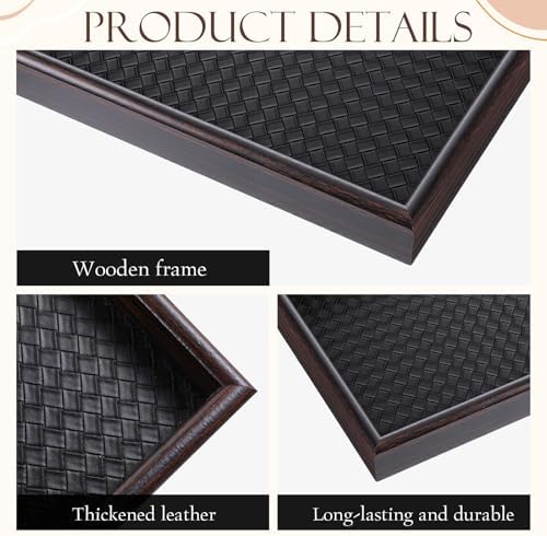 2Pcs Wooden Valet Tray with Leather Base, 11.8 x 7.87inches Entryway Bedside Dump Holder Nightstand Catchall Organizer for Perfume Watch Wallets Keys Watches Jewelry & Sunglasses - Image 3
